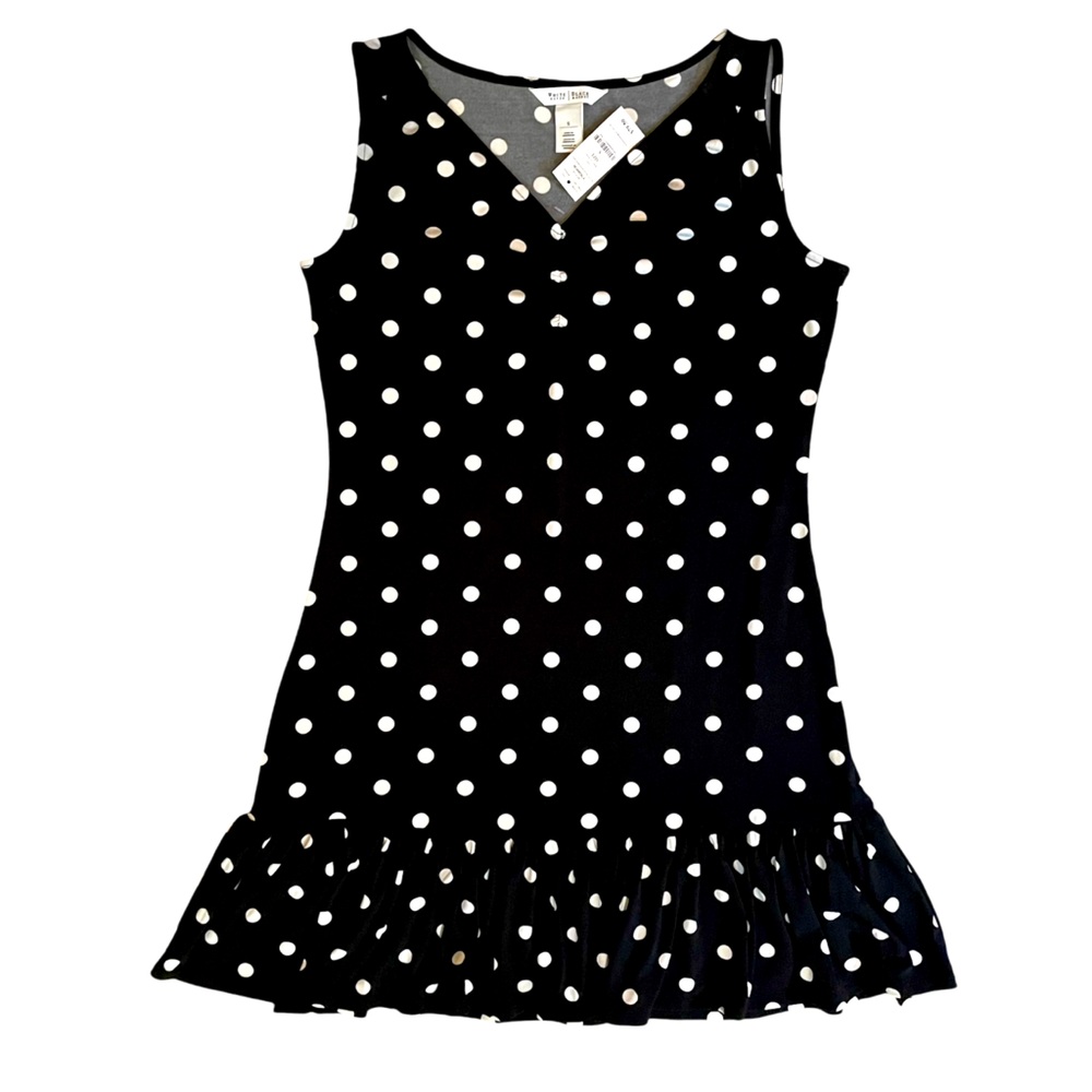 White House Black Market Sleeveless Black with White Polka Dot Dress Small NWT